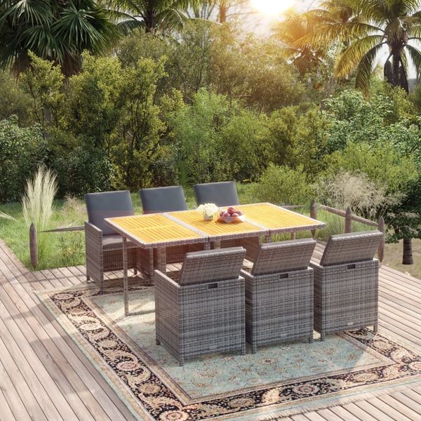 vidaXL 7-tlg. Garten-Essgruppe mit Kissen Poly Rattan Grau 3095551