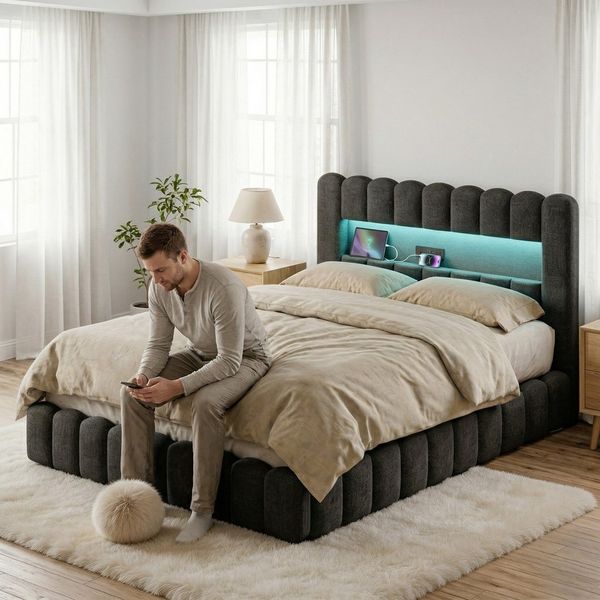 Gdood Polsterbett Stauraumbett Doppelbett LED, Leinenstoff/Samtstoff (1-tlg, Type-C + USB, Hydraulisch hebbarer Stauraum), Mit Bettkasten, LED-Beleuchtung, USB-Anschluss, 180x200 cm