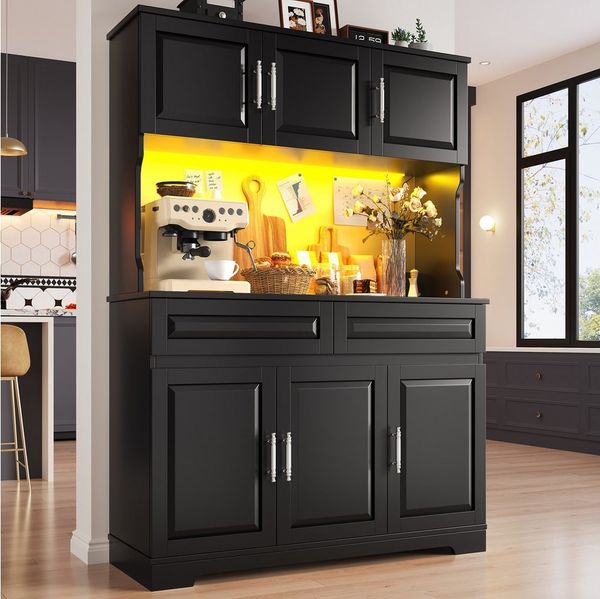 Flieks Küchenbuffet Hochschrank mit Arbeitsplatte, LED-Beleuchtung und Schubladen (1-St, B108/T40/H180 cm) Mehrzweckschrank Küchenschrank mit verstellbaren Einlegeböden Schwarz