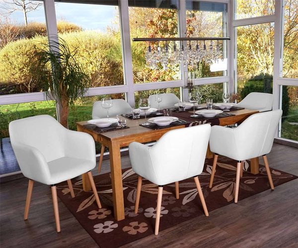 6er-Set Esszimmerstuhl Malmö T381, Stuhl Küchenstuhl, Retro 50er Jahre Design ~ Kunstleder, weiß, helle Beine