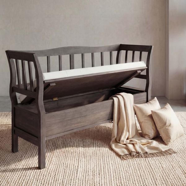 Sitzbank T207, Bank Truhenbank Holzbank Aufbewahrungstruhe, Staufach Kissen Holz 119cm ~ grau-braun, shabby