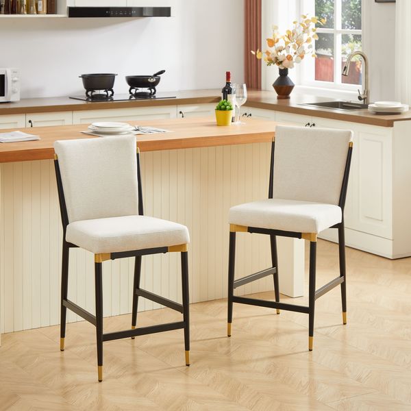 Barhocker 2er-Set in Thekenhöhe, Stoff Beige, Metallgestell mit Fußstütze, skandinavisch,H 102 x T 49 x B 59 cm