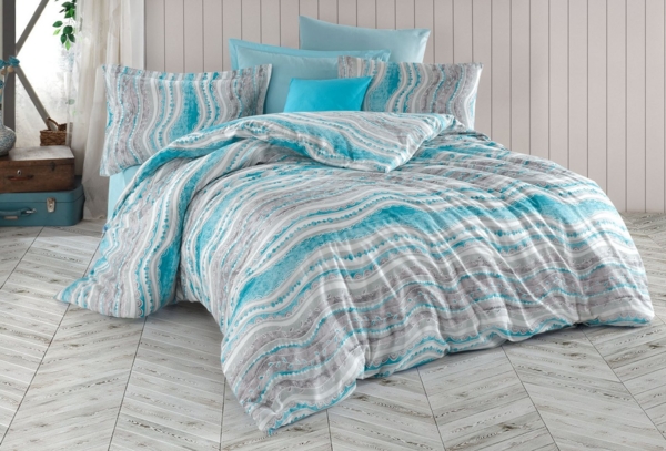 Buymax Bettwäsche Mella, Renforce: 100% Baumwolle, 3 teilig, 200x200 cm Bettbezug Set, mit Reißverschluss, Streifen, Blau Weiß Grau