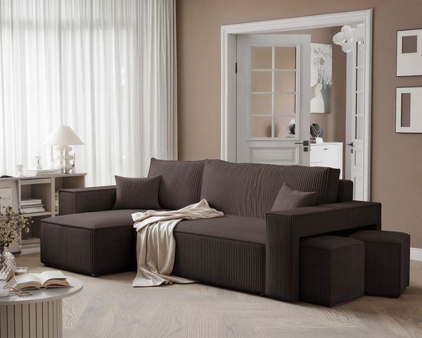 Ecksofa Schlafsofa Sofa ADARA inkl. Hocker Stoff Poso Dunkelbraun Ottomane Links