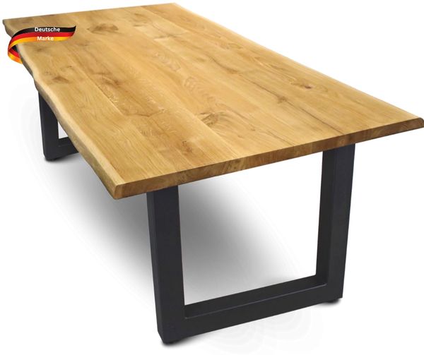 Massivholz Wohnzimmertisch mit Baumkante RAGNAR - 200x100cm, Eichenholz, U-Tie Gestell | Esstisch Holz Küchentisch Esszimmertisch
