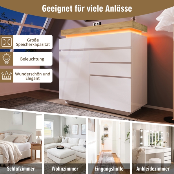 Sideboard Weiß Hochglanz mit LED Beleuchtung, 6 Schubladen, modernes Wohnzimmer, Stauraum Möbel, LED-Sideboard Bild 6