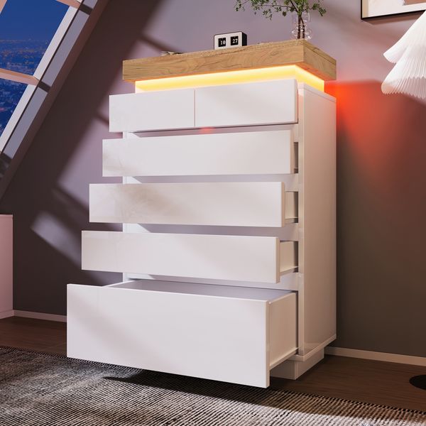 Sideboard Weiß Hochglanz mit LED Beleuchtung, 6 Schubladen, modernes Wohnzimmer, Stauraum Möbel, LED-Sideboard