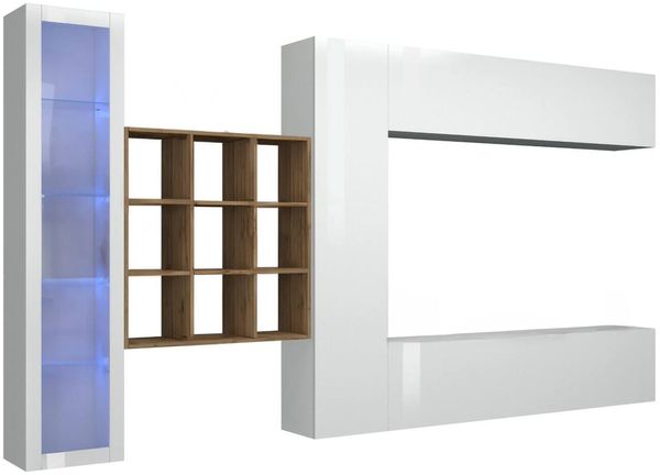Dmora Ausgestattete Wand Avegno, 4-türiges TV-Ständer-Wohnzimmerset, Mehrzweck-Wohnzimmermöbel mit Vitrine und LED-Licht, 100 % Made in Italy, 310 x 30 x 180 cm, glänzendes Weiß und Ahorn,
