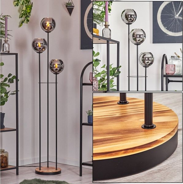 hofstein Stehlampe Stehlampe aus Metall/Holz/Glas in Schwarz/Hellbraun/Chrom/Bernstein, ohne Leuchtmittel, Stehleuchte im Retro-Design m. Glasschirmen (15cm), Fußschalter, E14