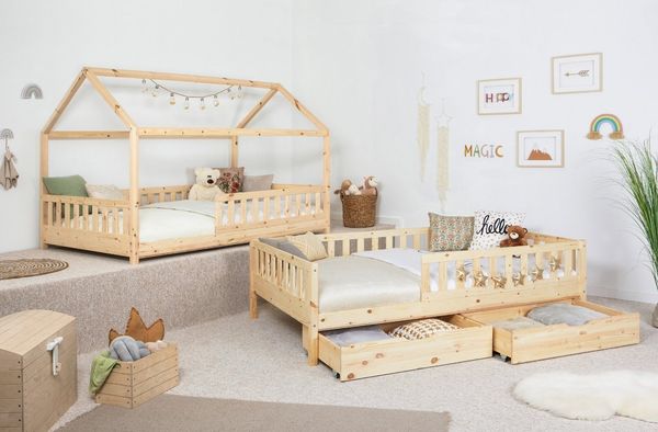 Ticaa Hausbett Duo mit Rausfallschutz und Schubkasten aus Kiefer, Bodenbett 100x200, inkl. abnehmbarem Dach, mit Rollrost, mit Matratze
