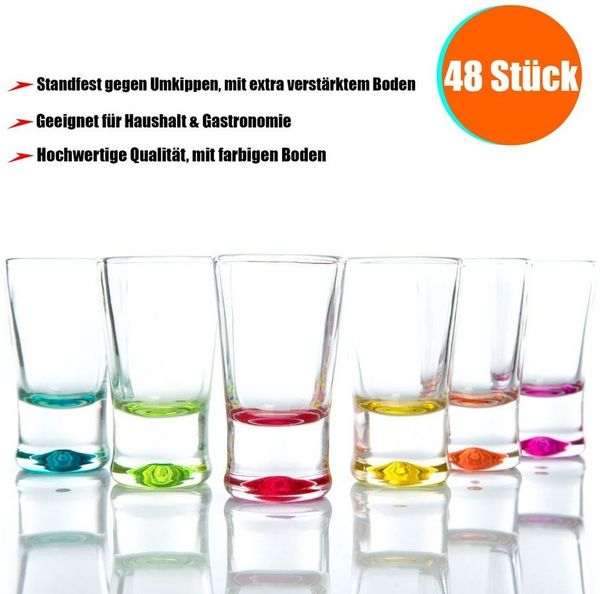 BigDean 48x Schnapsgläser 2cl - Shotgläser aus Glas – farbige Shot Gläser für Schnäpse wie z.B. Tequila, Wodka, Ouzo, Sambuca, Likör - Stamperl, Pinnchen