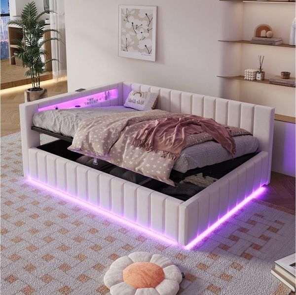 OKWISH Schlafsofa Polsterbett 140x200 mit LED,USB & hydraulischem Stauraum, Komfort-Sofa, Kinderbett mit Rückenlehne & Kopfteil, Ohne Matratze