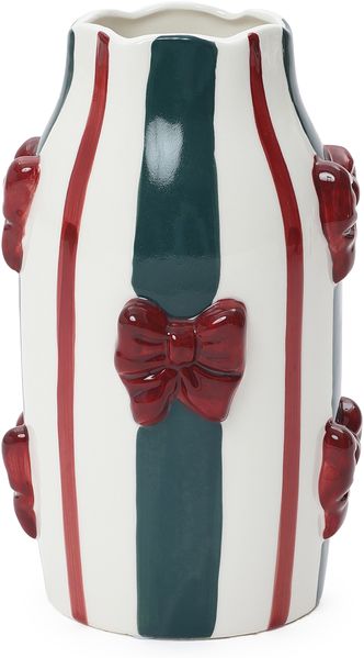 Hometopia Vase Keramik gestreift mit roten 3D-Schleifen, weiß/grün, Höhe 24 cm