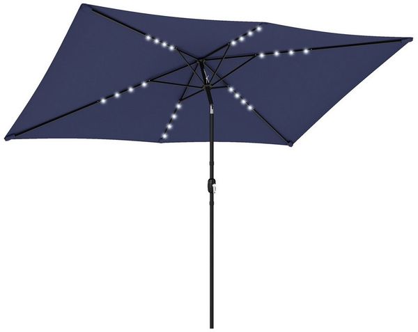 Outsunny Sonnenschirm mit LED, Kurbel, Schutzhülle, LxB: 289x198 cm, neigbar Balkonschirm, Drehbar Gartenschirm, für Garten Balkon Terrasse Marineblau