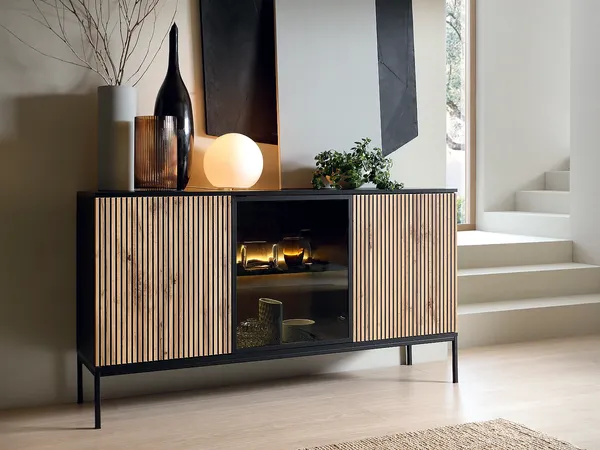 Vente-unique - OVILA Sideboard Holz, PlatteGlas SchwarzBeige - B 39 cm x H 83,2 cm x L 153,4 cm