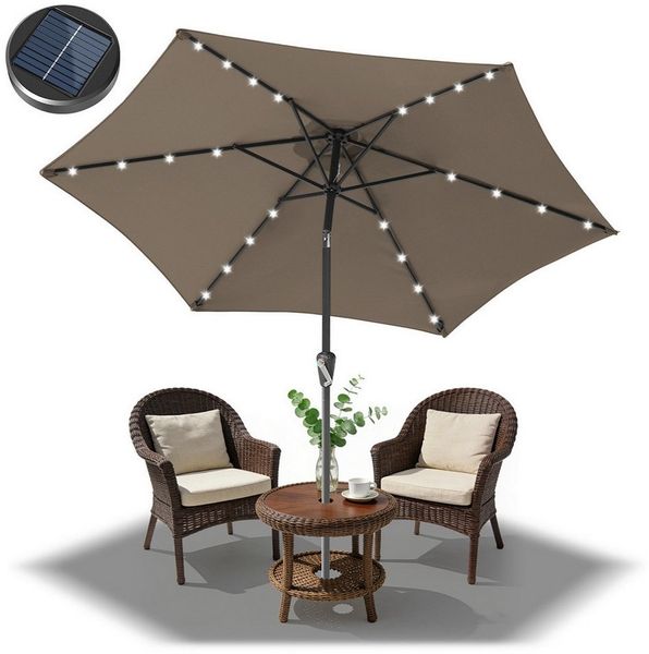 Clanmacy Sonnenschirm Sonnenschirm 2,7m LED Solar knickbar Balkonschirm Gartenschirm Taupe, LxB: 270x270 cm, Stabiler knickbar/für Garten, Balkon, Terasse/Sonnenschutz