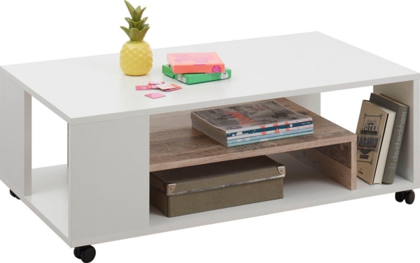 BOLOGNA Moderner Couchtisch auf Rollen in Weiß, Old Style Optik - mobiler Sofatisch mit Ablage für Ihren Wohnbereich - 108 x 40 x 60 cm (B/H/T)