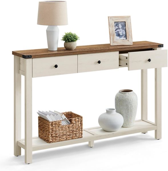 VASAGLE Konsolentisch, Beistelltisch, schmaler Sofatisch, mit 3 Schubladen und Einer Ablage, für Flur, Wohnzimmer, Landhausstil, honigbraun-vintageweiß LNT142WJ01