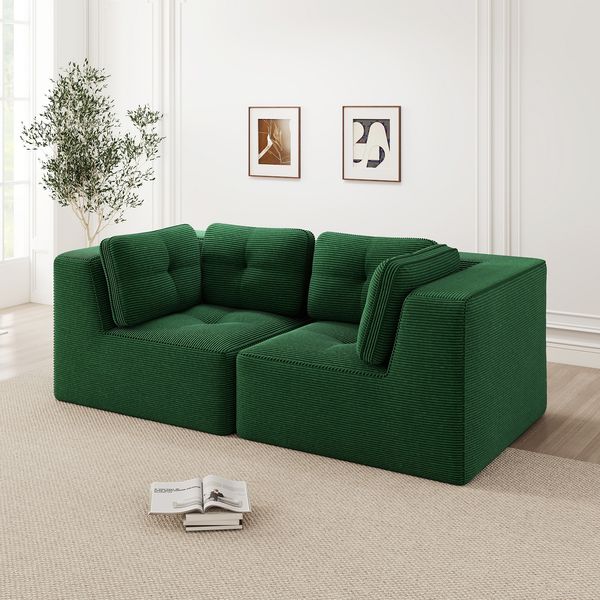Flieks 2-Sitzer Modulares Sofa, Cloud Sofa Cord rahmenlos, Lounge Sofa bodennah, mit breiten Armlehnen, Grün