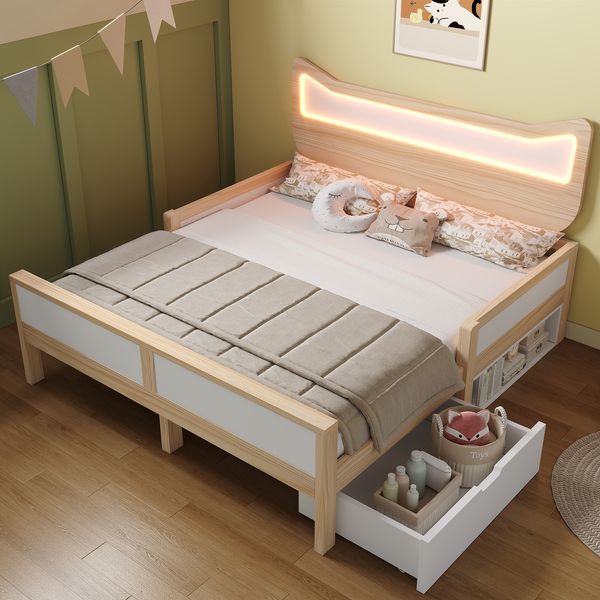 Merax Doppelbett, Kinderbett 140×200 cm mit Katzenohren Kopfteil & RGB‑LED‑Beleuchtung, flexible Schublade & Staufach links/rechts montierbar, Weiß & Eiche