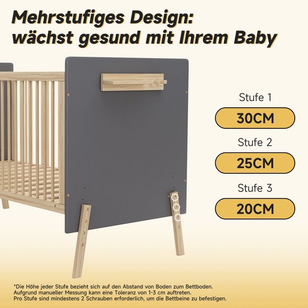 Massivholz Babybett, Verstellbares Kinderbett mit Drei-stufiger Höhenverstellung, Umweltfreundliche Lackierung, Als Anschlussbett/Sofabett nutzbar, Ohne Matratze, Blaugrau + Naturholzfarbe,140*70*86cm Bild 10