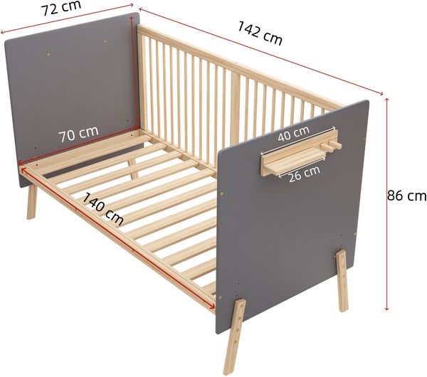 Massivholz Babybett, Verstellbares Kinderbett mit Drei-stufiger Höhenverstellung, Umweltfreundliche Lackierung, Als Anschlussbett/Sofabett nutzbar, Ohne Matratze, Blaugrau + Naturholzfarbe,140*70*86cm Bild 8