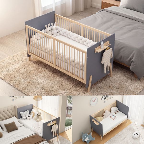 Massivholz Babybett, Verstellbares Kinderbett mit Drei-stufiger Höhenverstellung, Umweltfreundliche Lackierung, Als Anschlussbett/Sofabett nutzbar, Ohne Matratze, Blaugrau + Naturholzfarbe,140*70*86cm