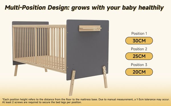 Massivholz Babybett, Verstellbares Kinderbett mit Drei-stufiger Höhenverstellung, Umweltfreundliche Lackierung, Als Anschlussbett/Sofabett nutzbar, Ohne Matratze, Blaugrau + Naturholzfarbe,140*70*86cm Bild 9