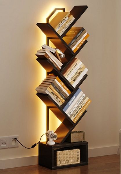 ODK Bücherregal in baumförmiger Optik, 6 offene Regale in Schwarz/Weiß, 1-tlg, mit integriertem LED-Lichtband – Ideal für Wohnzimmer & Schlafzimmer