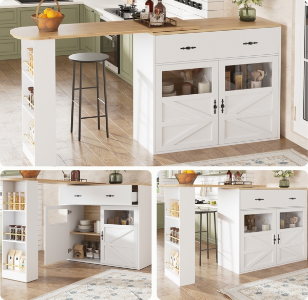 Bartisch, Ausziehbarer Hochtisch mit Stauraum 360° drehbar moderner Bar Table mit Regalen, MDF+Metall, Weiß, 138-204x39x104cm