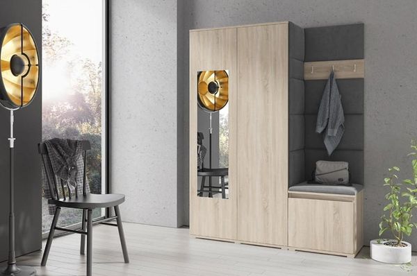 Garderoben-Set Harry, Moderner Kleiderschrank mit Polsterplatten und Schuhschrank – Ideal für Flur und Eingangsbereich (Sonoma Eiche, Trinity 16), 185 x 40 x 140 cm