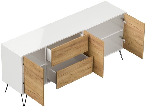 Sideboard Yako 180cm 2 SoftClose 3 Türen Weiß/Eiche Front : Oak Gold / Weiss hochglanz Bild 4
