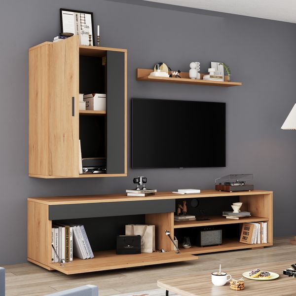TV-Möbelset 3-teilig mit 1 TV-Schrank, 1 Wandschrank,1 Wandregal,2 Schranktüren, 2 halboffene Schubladen, Holzfarbe & Schwarz