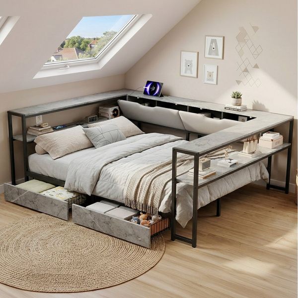 Flieks Kinderbett, Metallbett Daybett Schlafsofa 140x200 cm mit 2 Schubladen & Aufladen