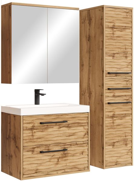 Badplaats Badmöbel Komplettset Etna 60 x 35 cm Eiche - Badezimmermöbel mit Waschbecken, Spiegelschrank und Hochschrank
