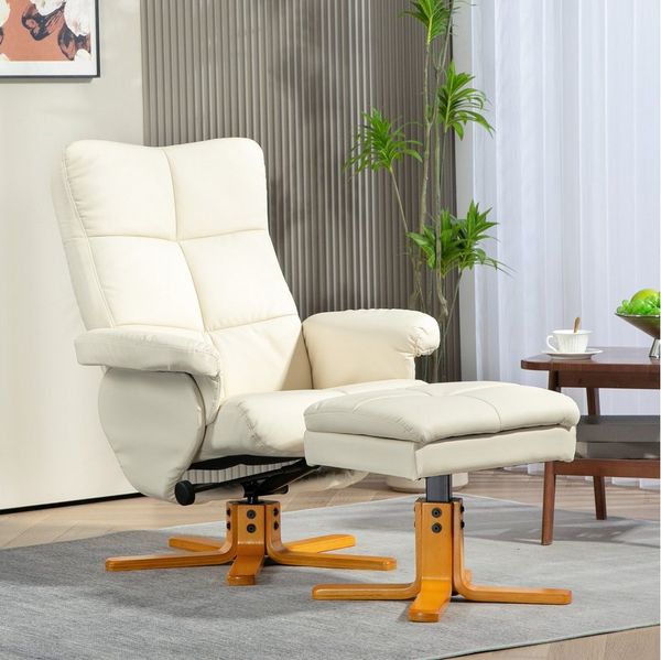 HOMCOM Relaxsessel mit Hocker und Stauraum, mit Liegefunktion (Fernsehsessel, 2-St, 360° drehbarer Sessel), Kunstleder Holzgestell Cremeweiß 80 x 86 x 99 cm