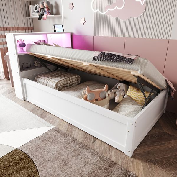Kinderbett 90×200 cm mit LED-Kopfteil, Stauraum und Steckdose, Weiß, ohne Matratze