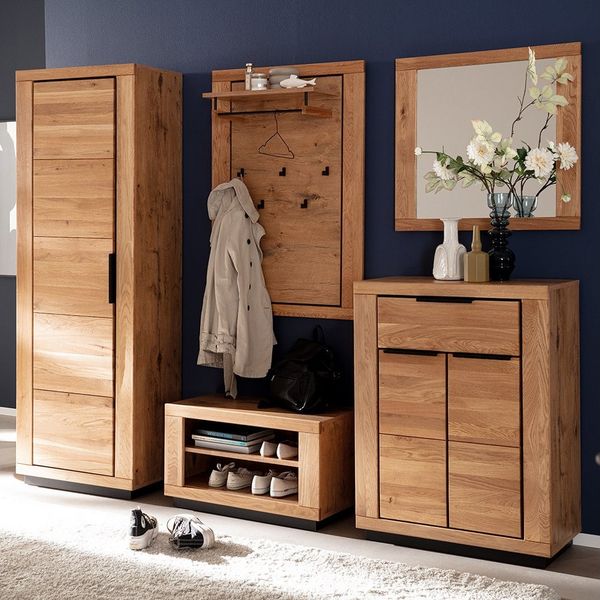 Lomadox Garderoben-Set GIUSTINO-06, (Spar-Set, 5-St, Garderobenbank Paneel Garderobenschrank Spiegel Kommode), in Wildeiche teilmassiv, geölt, schwarze Metallgriffe