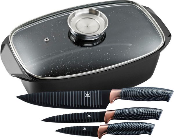 KING Bräter 5 Liter, Aluminiumguss (Set, 5-tlg, 3 Küchenmesser im Geschenketui), Aromaknopf, Induktion, mit Glasdeckel, Antihaft-Keramikbeschichtung
