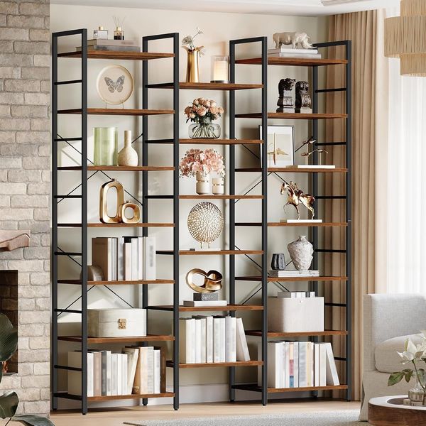 Bücherregale, Standregale, Regal mit 20 Fachböden, 6 Etagen, Verstellbarer Abstand, 24 x 152 x 217 cm, Tragfähigkeit 400 kg, Wohnzimmer, Büro, Vintage Braun-Schwarz