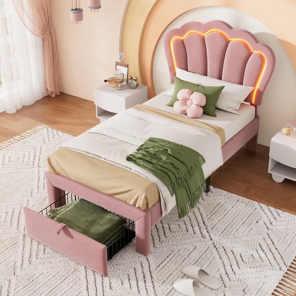 Kinderbett 90x190 cm aus Samt mit LED, Schublade und verstellbarem Kopfteil, Rosa, ohne Matratze