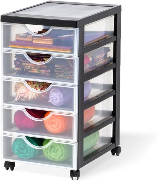Iris Ohyama Kunststoff-Schubladenbox mit Rollen, 5 flachen Schubladen, Mattweiß, Griffe zum Ziehen, Für Schlafzimmer, Schule & Büro, BPA-frei, Schubladenschrank, Rollcontainer, A4 Drawer, DDDC-350