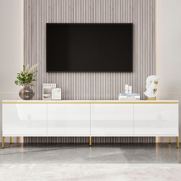 TV-Schrank mit Hochglanzfronten, 4 Türen & Kabeldurchführung, 170 x 38 x 50 cm, Weiß