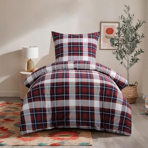 Bettwäsche Set 155x220 2 teilig Rot Tartan Muster Mikrofaser RUIKASI