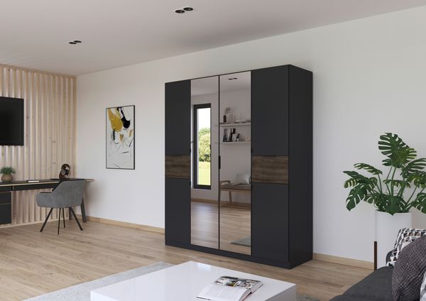 rauch Kleiderschrank, Drehtürenschrank TICAO, 6-türig, 2 Spiegeltüren, 2 Schubkästen, inkl. Türdämpferset, Grau metallic/Atlantik Oak dunkel, 181 x 210 x 54 cm