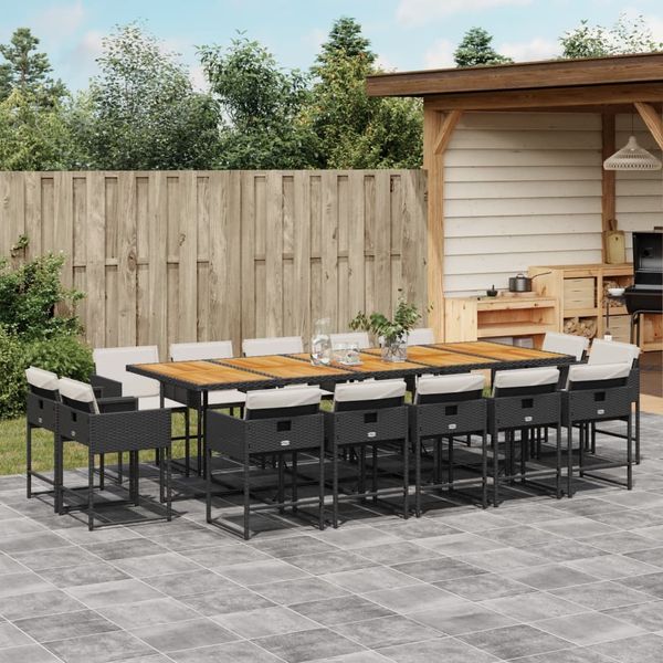 vidaXL 15-tlg. Garten-Essgruppe mit Kissen Schwarz Poly Rattan 3278186