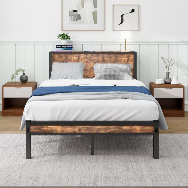 BlingBin Metallbett Einzelbett/Doppelbett Jugendbett Metallgestell mit Stauraum-Kopfteil (1er Set, 1-tlg, 120x200 cm, Ohne Matratze, Belastbarkeit maximal: 220KG), Metalluntergestell, Ohne Boxspring Notwendig, Vintage Braun