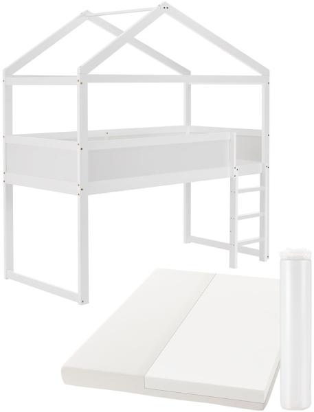 Juskys Kinder Hochbett Josy 90x200 cm - Hausbett mit Matratze, Dach, Leiter & Rausfallschutz - halbhohes Kinderbett - Holz Halbhochbett - Bett Weiß