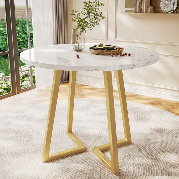 Esstisch H 75 x T 80 x B 80 cm, MDF mit Marmor‑Optik, stabiles Metallgestell, Weiß