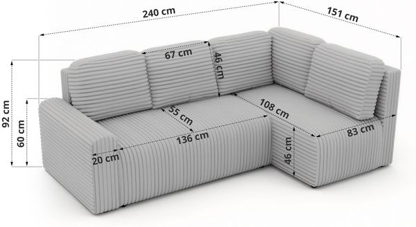 Eckcouch NESSARO COR L mit Schlaffunktion, L-förmiges Sofa mit DL-System, Bettkasten, Bonellfederkern, Sofa mit Stauraum - Beige Cord - Rechts Seite Bild 7
